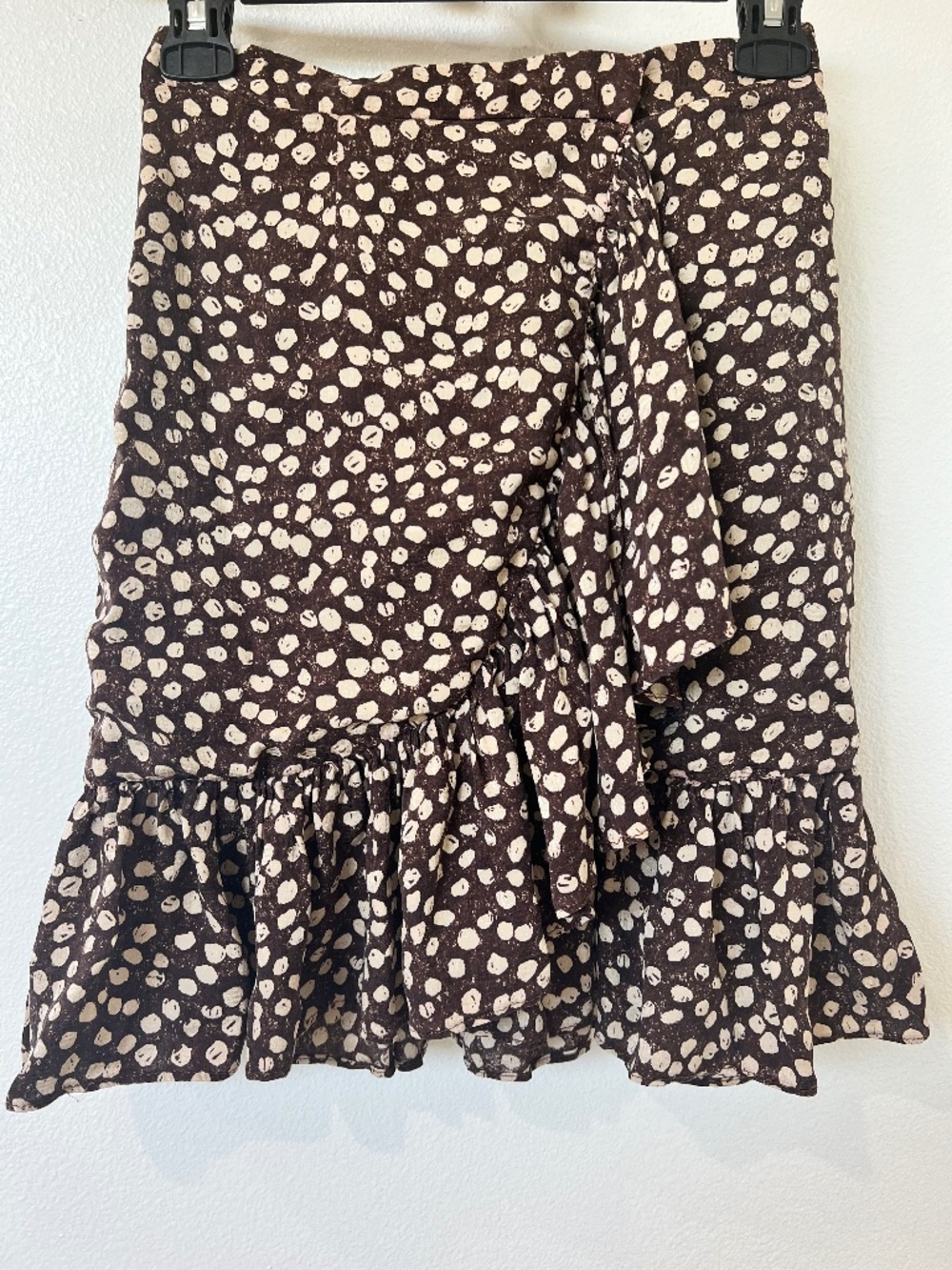Vintage Anne Klein Spotted Dot Print Ruffle Hem Mini Skirt, Size 6, Brown, Y2K